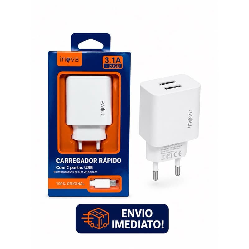 Carregador Rápido Original Inova 3.1A + Cabo V8 | 2 Portas USB | Bivolt | Carregamento Rápido