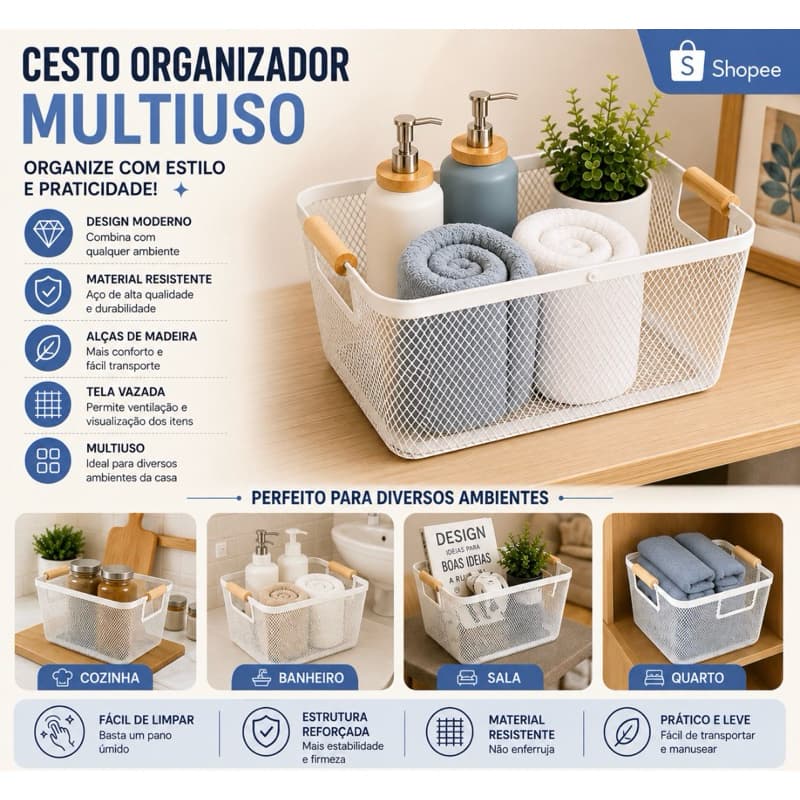 Cesto Caixa Organizadora Branca Multiuso Grande Para Roupas Brinquedos Objetos Casa Banheiro Quarto Escritório