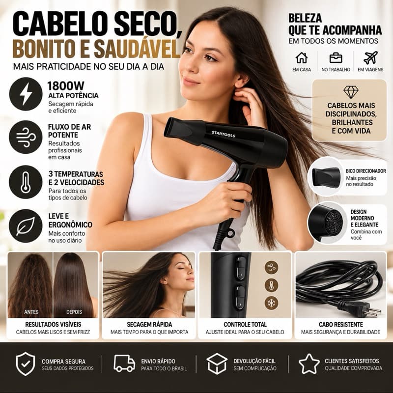 Secador de Cabelo Profissional 1800W Startools 127V – Cabelos Mais Bonitos e Secagem Rápida