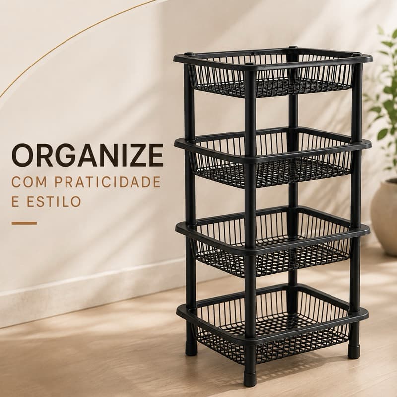 Organizador Multiuso 4 Andares com Cestos Empilháveis Preto para Cozinha Lavanderia Banheiro
