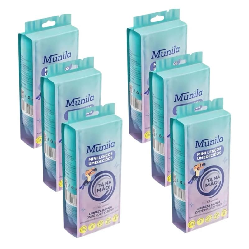 Kit 6 Lenços Umedecidos Munila 64un Cada | Lenço Umedecido Portátil Multiuso Bebê Higiene Mãos Bolsa