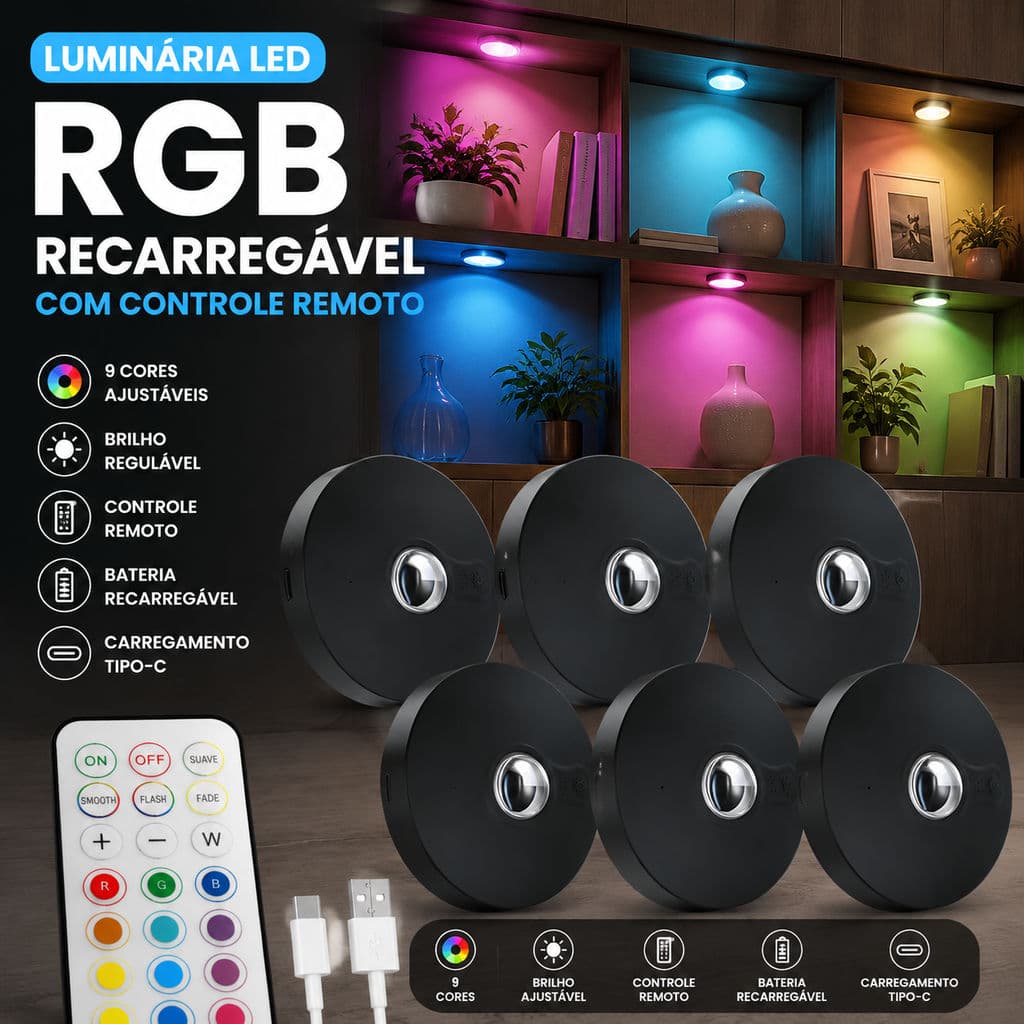 Luminária LED RGB Recarregável 1200mAh, Luz LED Sem Fio Controle Remoto Para Armário Decoração Doméstica