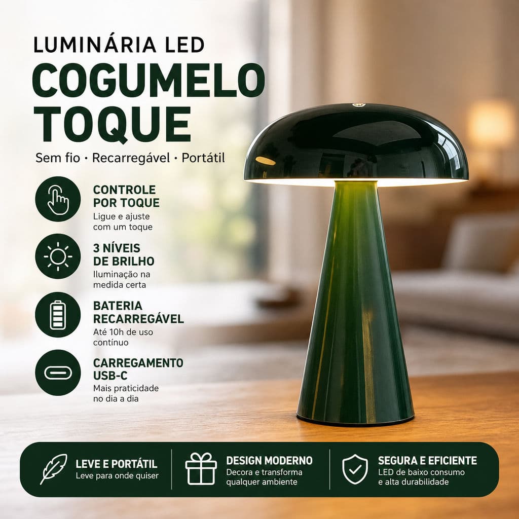 Luminária De Mesa LED Sem Fio Recarregável Luminária Cogumelo Decorativa Ambiente Para Decoração De Casa E Quarto