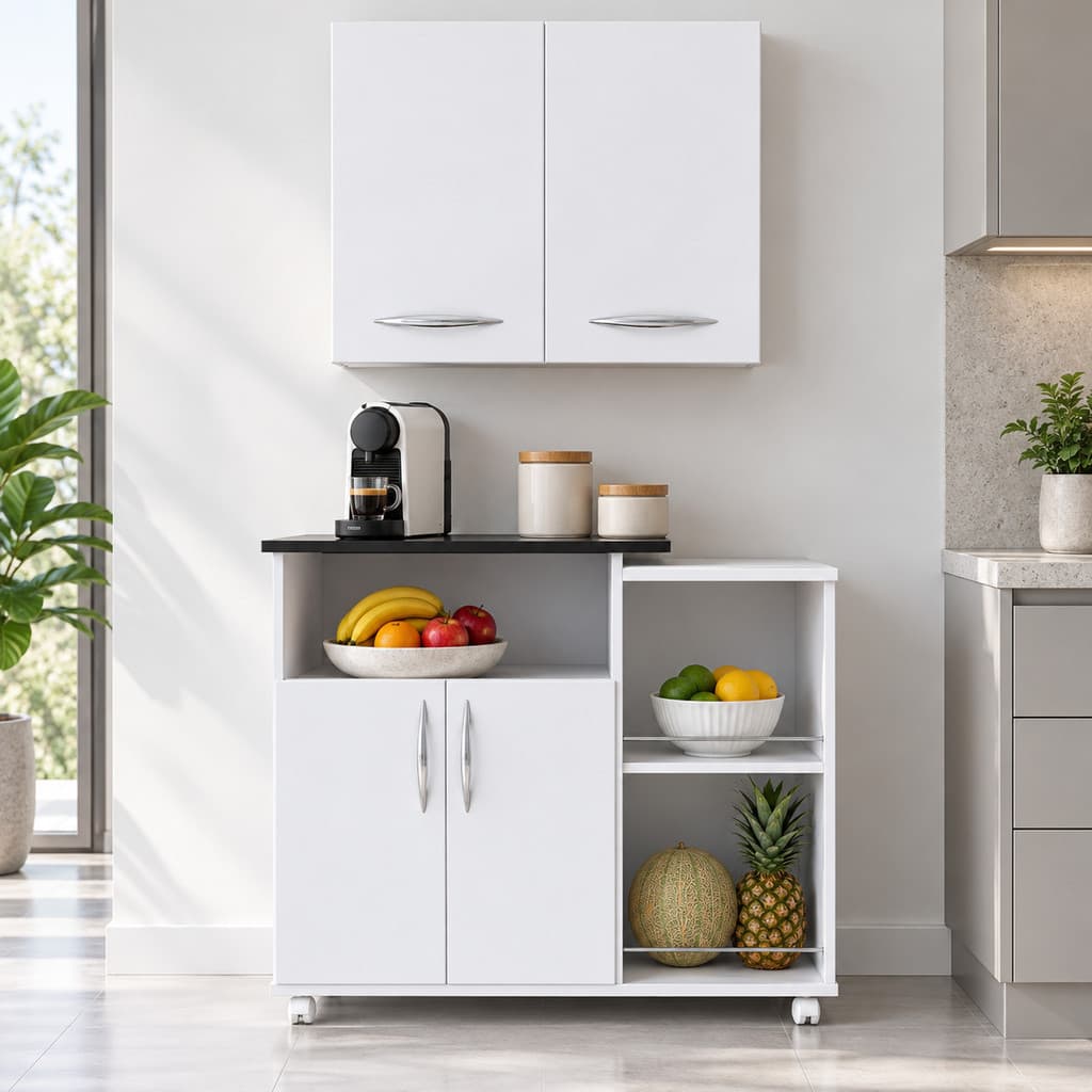 Conjunto Armário de Cozinha + Balcão Multiuso Organizador com Rodízios para Cozinha e Lavanderia