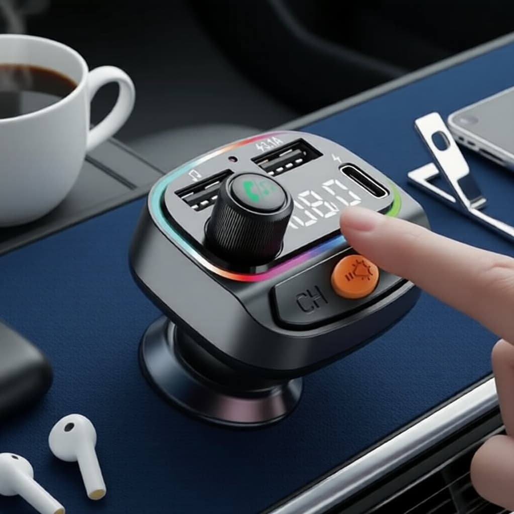 Carregador Veicular Transmissor FM Bluetooth 5.3, Viva-Voz, PD Tipo-C e USB Duplo, MP3 Player com Iluminação Ambiente
