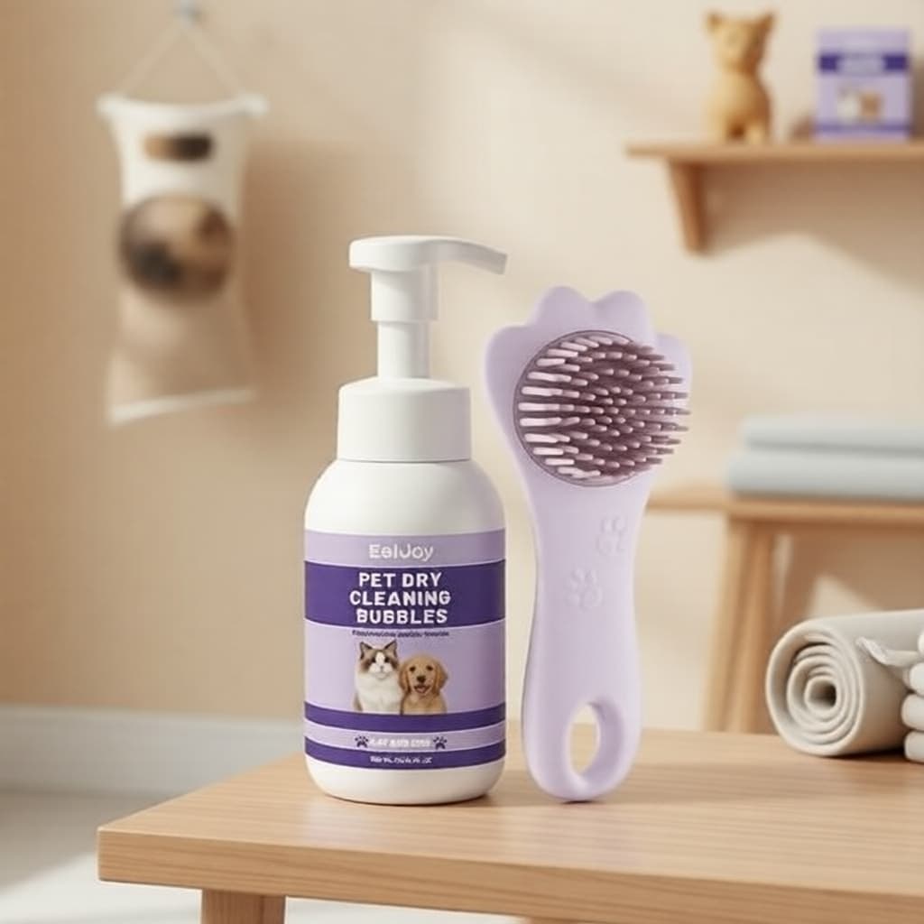 Espuma de Shampoo para Pets sem Enxágue 300ml com Escova e Luvas, Tosa a Seco para Cães e Gatos