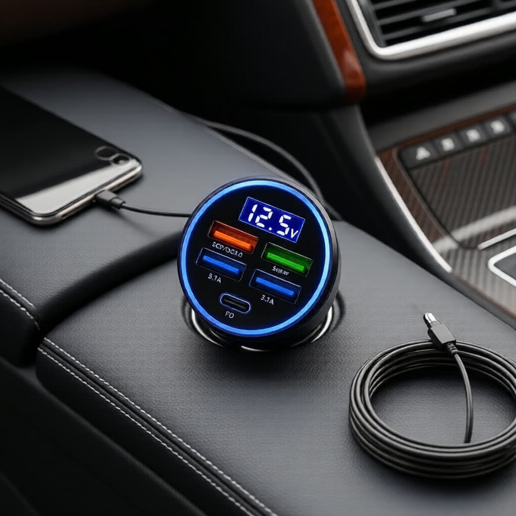 Carregador veicular PD 4 em 1 C5, divisor rápido com display digital