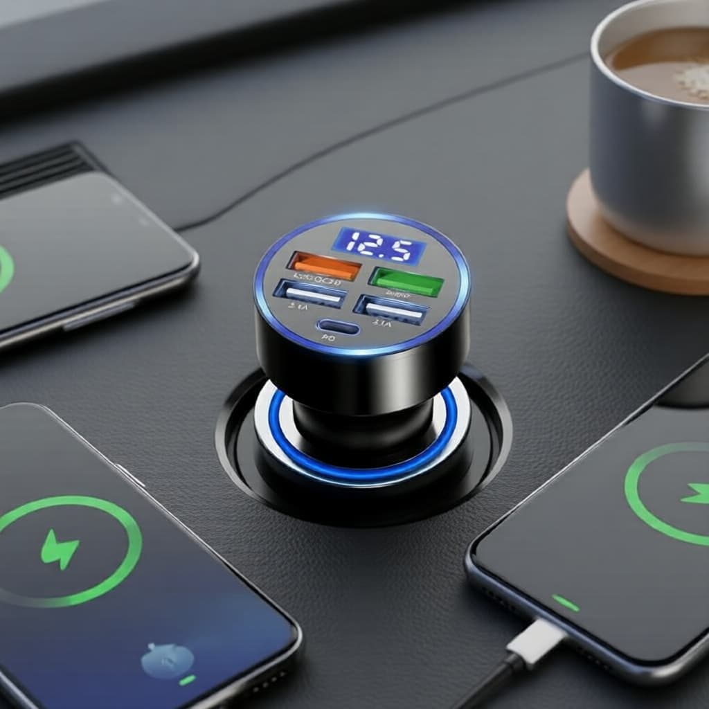 Carregador veicular rápido USB-C 5 em 1, carregamento rápido com portas duplas e múltiplas