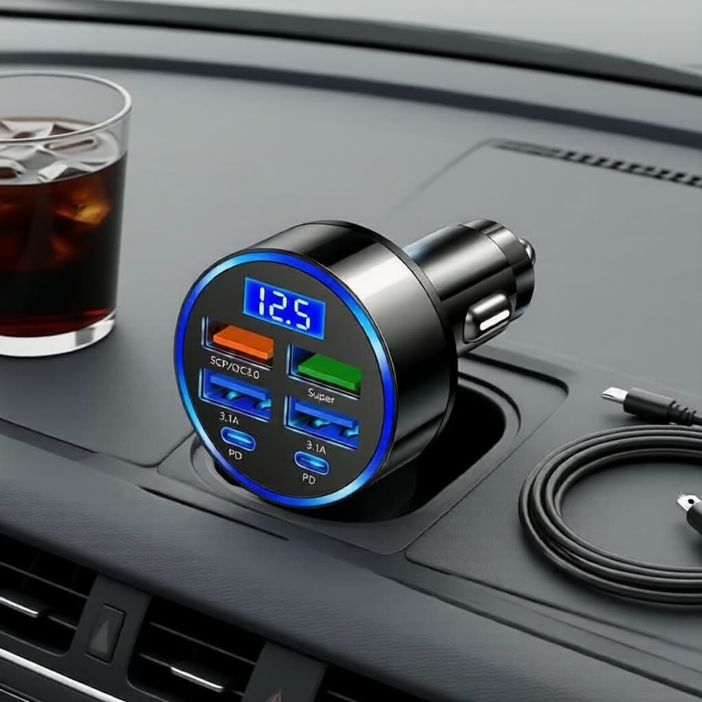 Carregador Veicular USB 6 Portas com Visor Digital, Compatível com PD 3.0 e QC 3.0