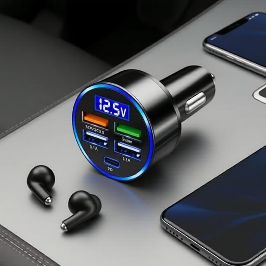 Carregador Veicular Dual USB-C PD 12-24V, Tomada Divisora de Carregamento Super Rápido com Display de Tensão