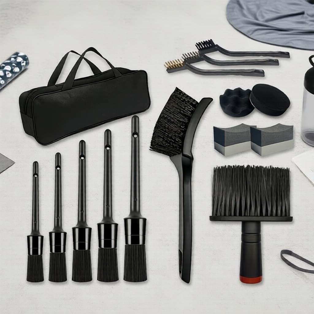Kit de Escova para Lavagem de Carro com Bolsa de Armazenamento e Ferramentas para Limpeza de Centros das Rodas
