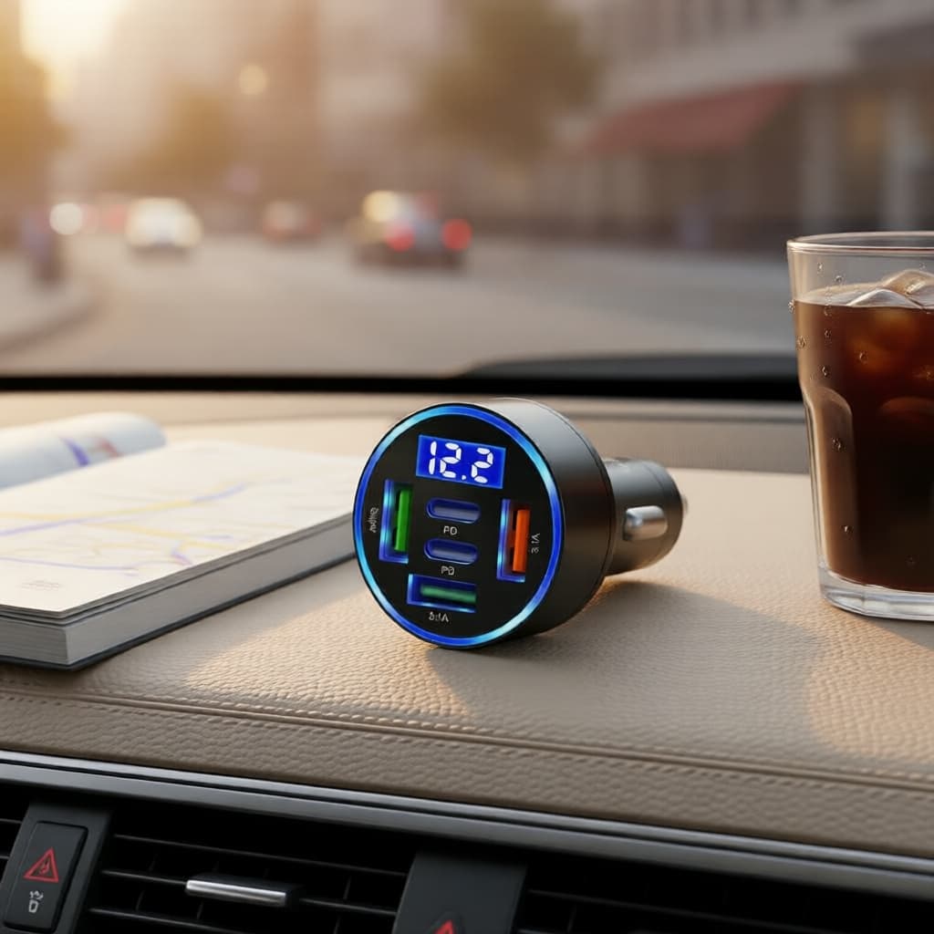 Carregador Veicular 6 Portas 100W com Voltímetro, Adaptador USB para Carregamento Rápido de Eletrônicos Automotivos