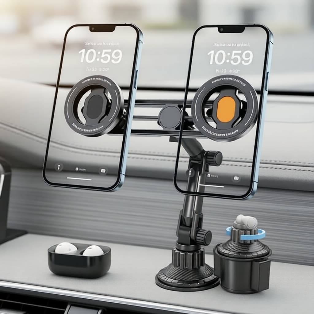 Suporte Magnético Duplo 360° Rotativo para Copos de Carro, Base Extensível com Aro Metálico, Universal