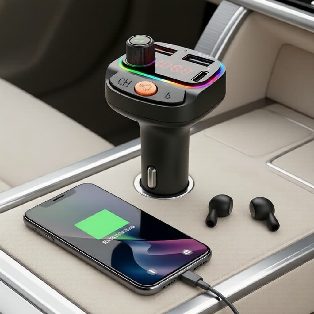 Adaptador Carregador Veicular Bluetooth FM Transmissor com USB Duplo, Viva-voz e Pen Drive