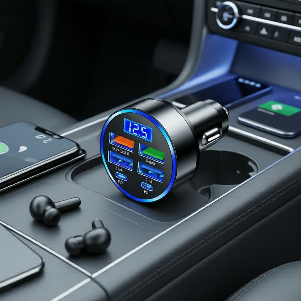 Carregador veicular 6 portas com Display Digital, PD & QC 3.0, carregamento rápido