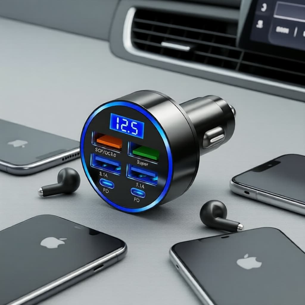 Carregador Veicular 6 em 1: Display Digital, PD 3.0 & QC para Múltiplos Celulares