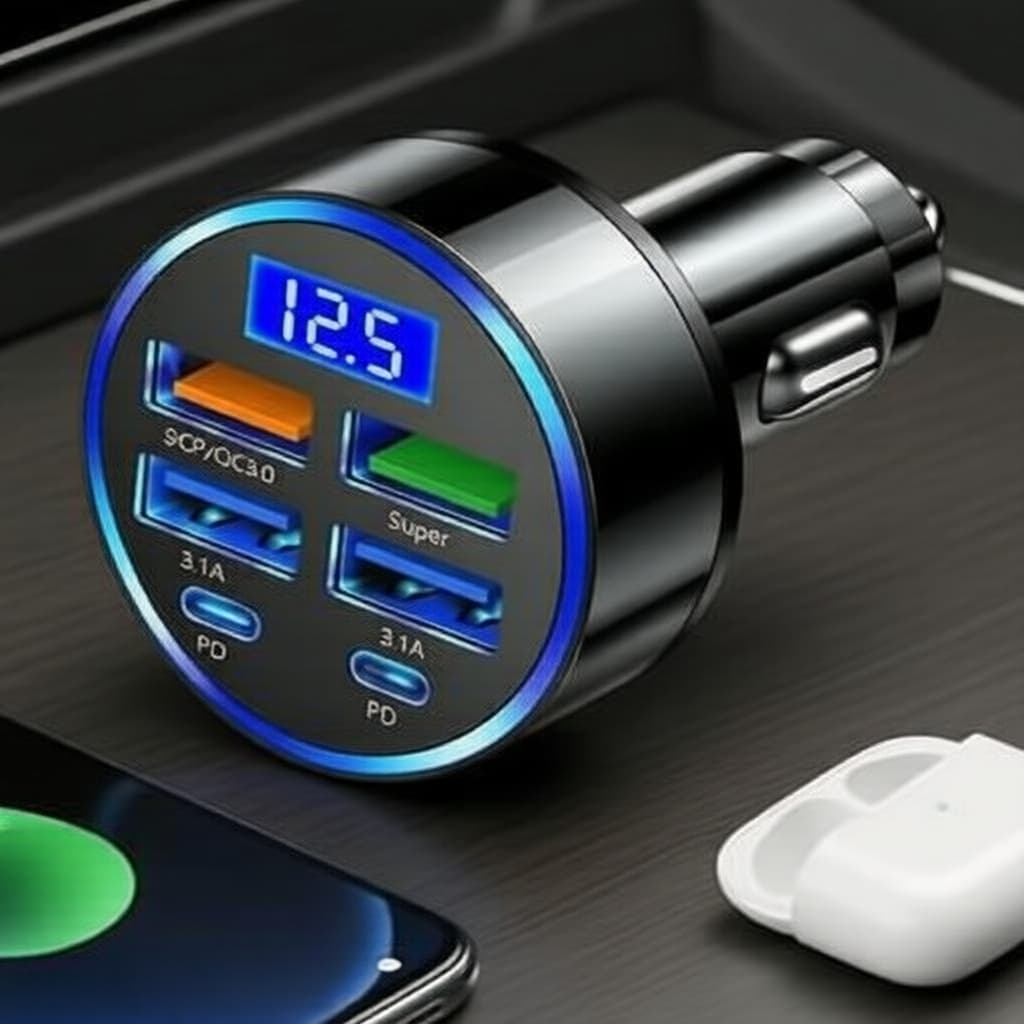 Carregador Veicular USB 6 Portas 100W com PD e QC3.0 Tipo-C Carregamento Rápido para Telefones