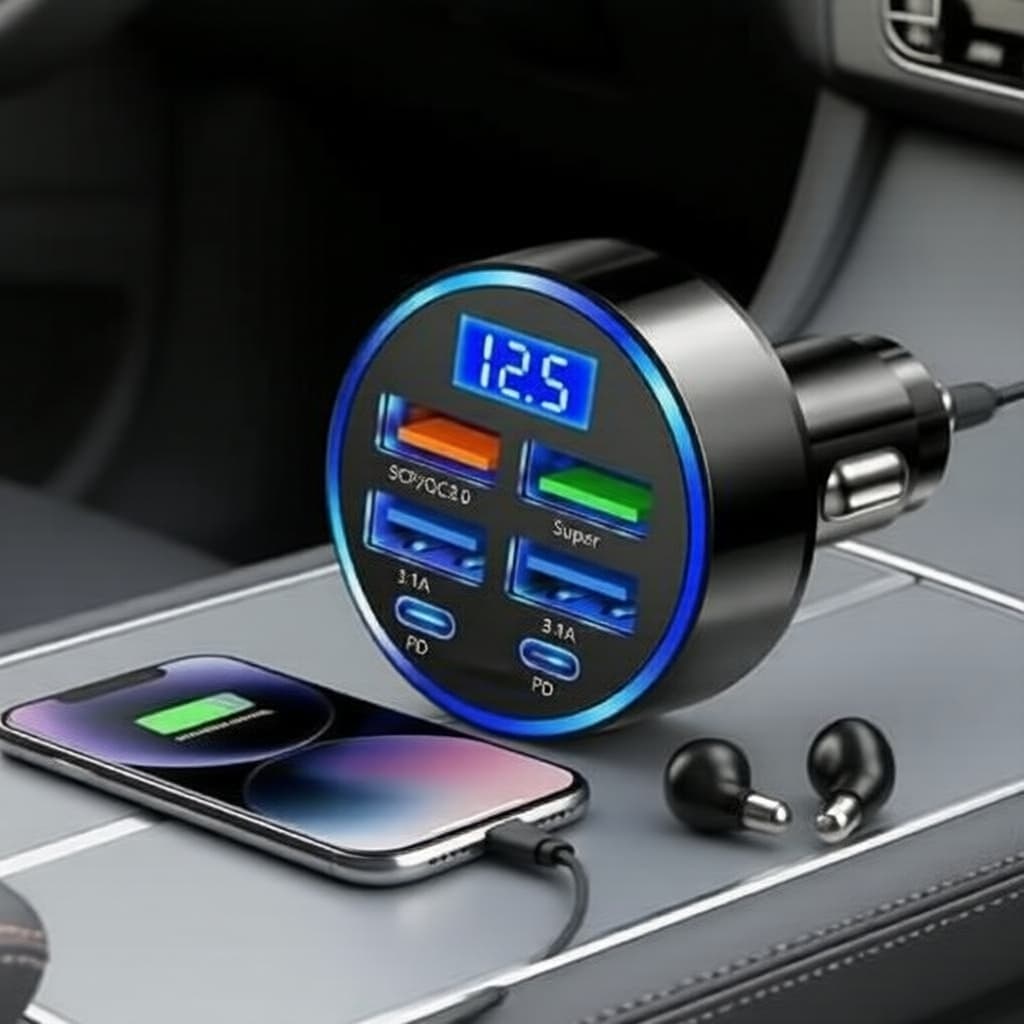 Carregador Veicular 2025 com 3,1A, 3USB QC3.0 + PD + Type-C, Display Digital & Medidor de Tensão
