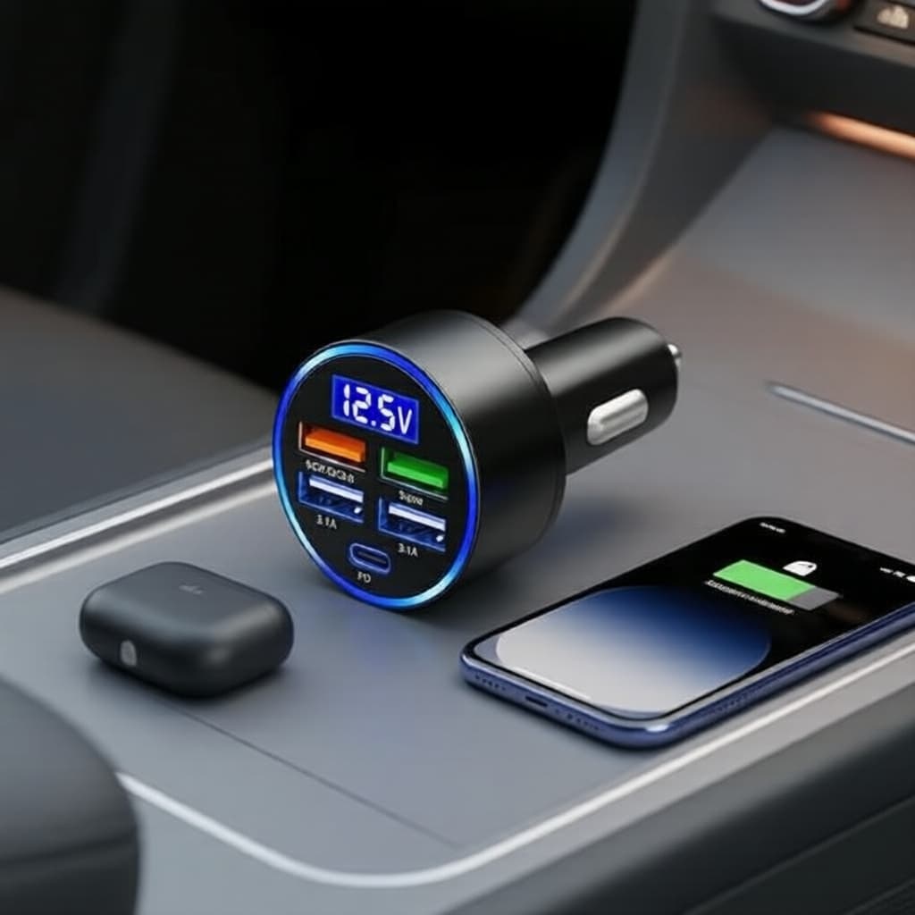 Carregador veicular 5 em 1 USB 12-24V com Dual PD e display de tensão, para iPhone 15 Pro Max