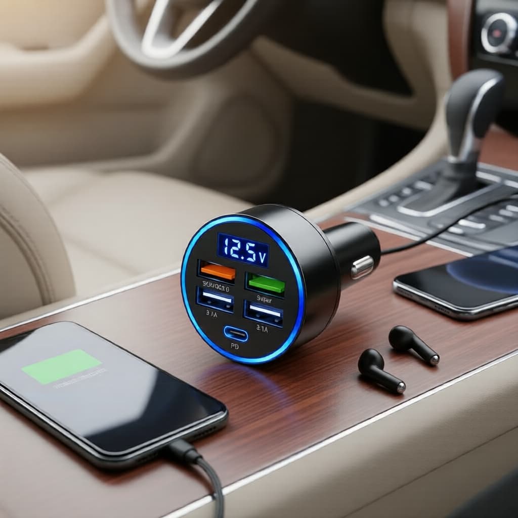 Carregador Veicular 5 Portas USB, PD QC3.0 USB-C com Adaptador de Carregamento Rápido e Display LED para Tomada 12-24V