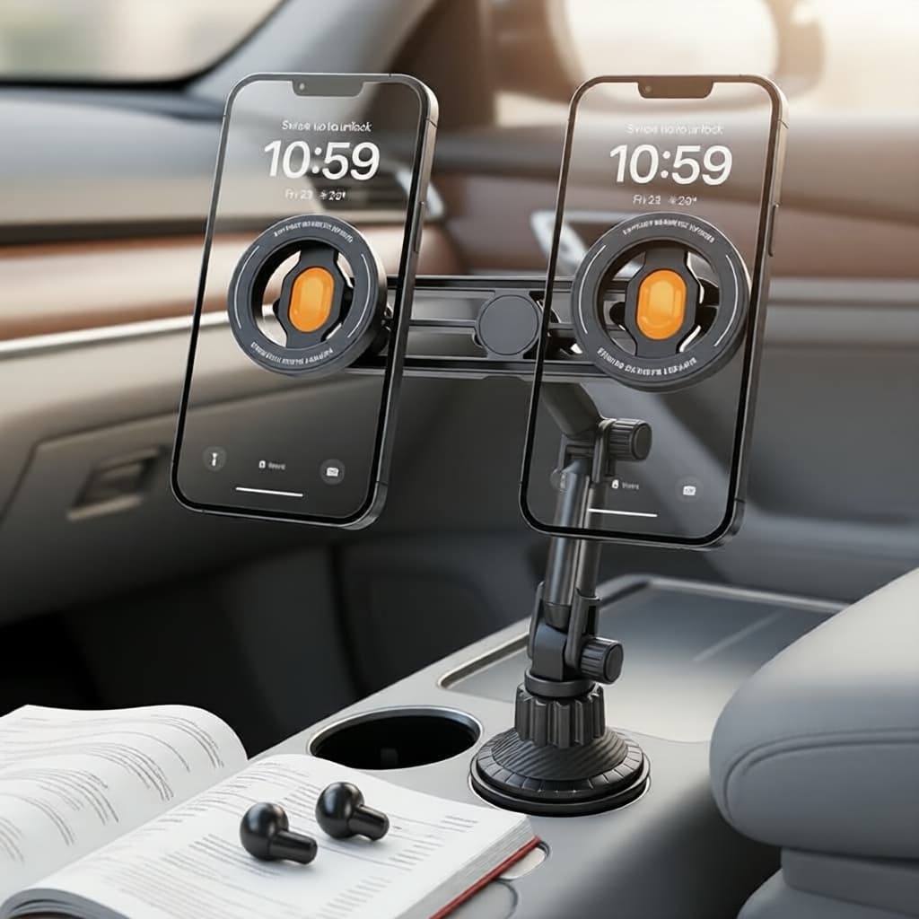 Suporte Magnético Duplo para Carro com Base Extensível, Braço Longo, Rotação 360°, Suporte Duplo para Dois Celulares