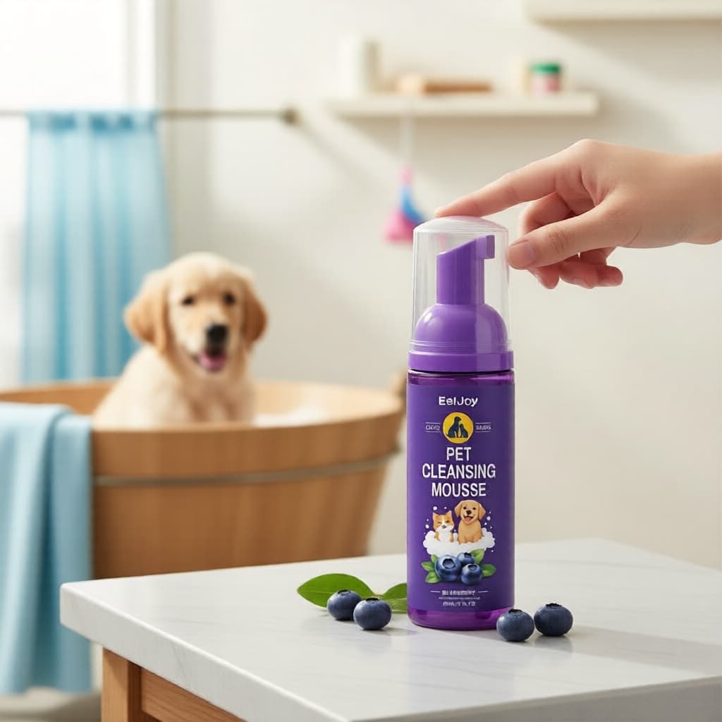 Espuma de Banho para Pets 60ml, Shampoo Sem Enxágue Mirtilo para Cães e Gatos