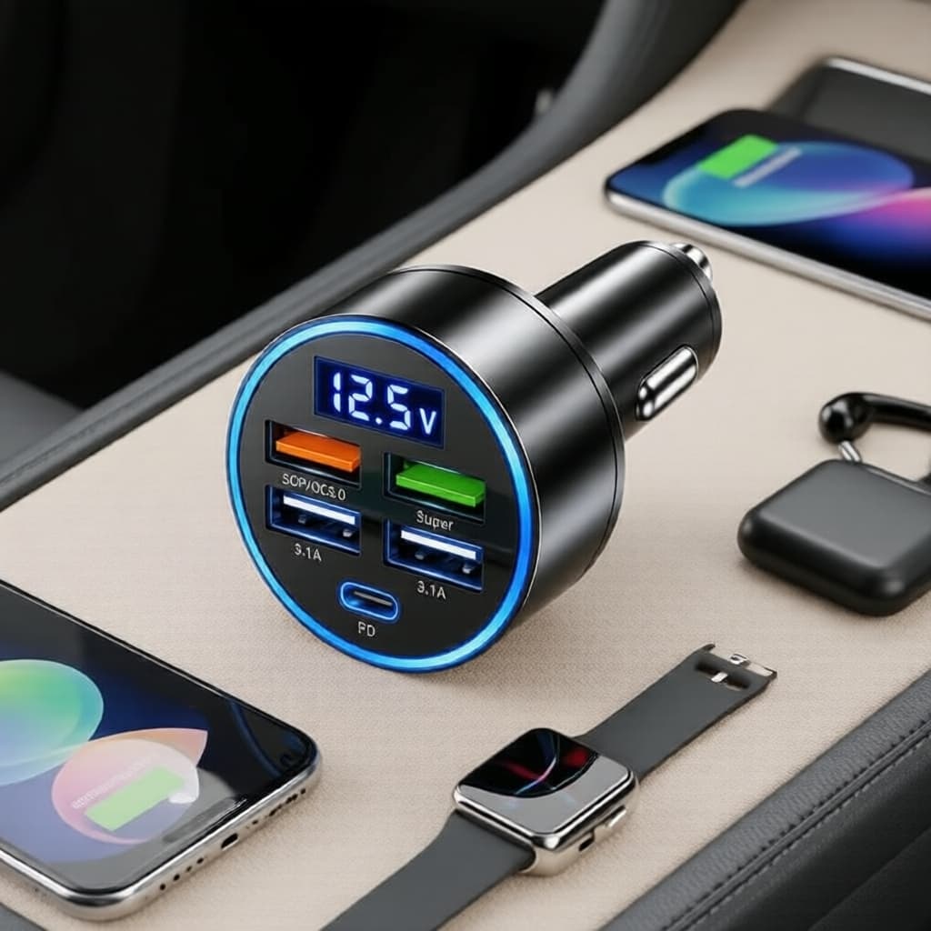 Carregador Veicular 5 Portas USB-C, PD QC3.0, Display LED, Adaptador 12-24V