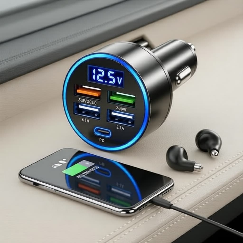 Carregador Veicular 5 Portas USB, Adaptador Rápido USB-C PD QC3.0, Display LED, Compatível 12-24V