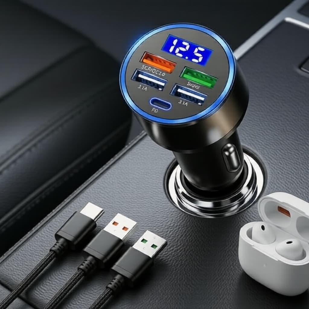 Carregador veicular 4x portas USB, PD 3.0 & Type-C