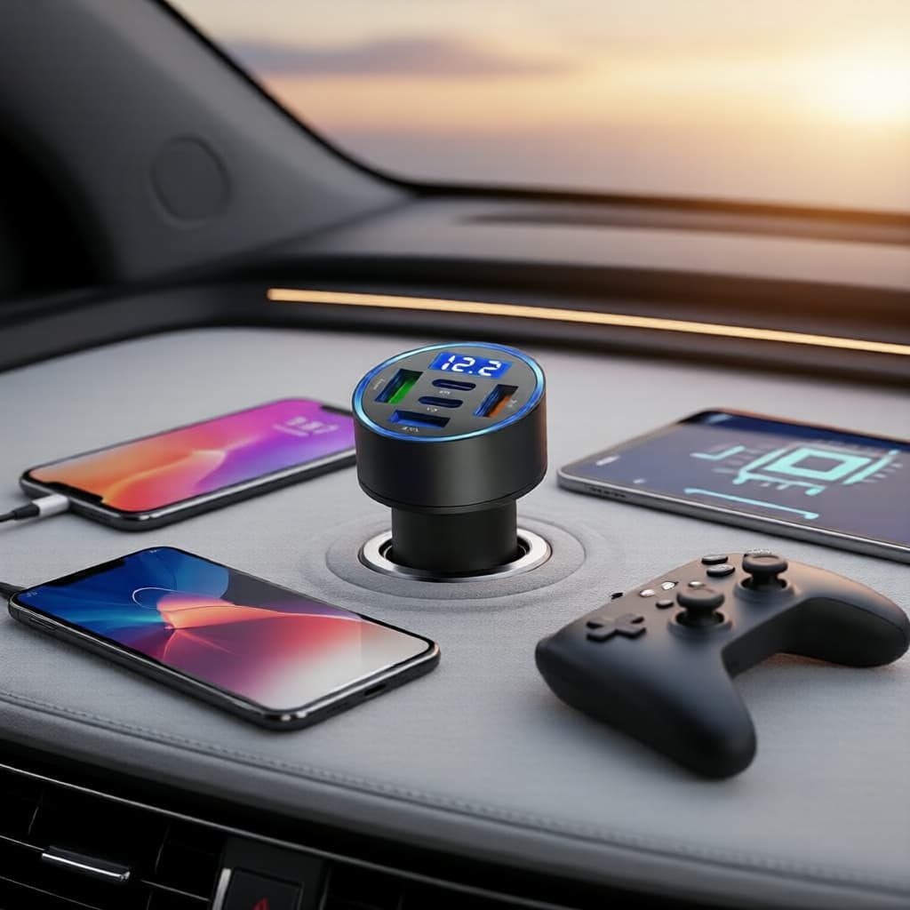 Carregador Veicular Rápido 5 Portas, USB-C PD QC3.0 Compatível com iPhone, Samsung, Huawei, Xiaomi