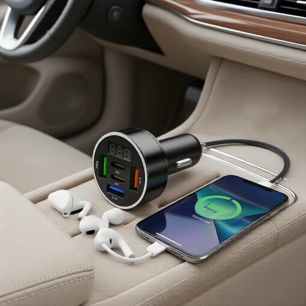 Adaptador de Carregador Veicular Rápido 5 Portas USB-C PD 3.0 e Quick Charge 3.0