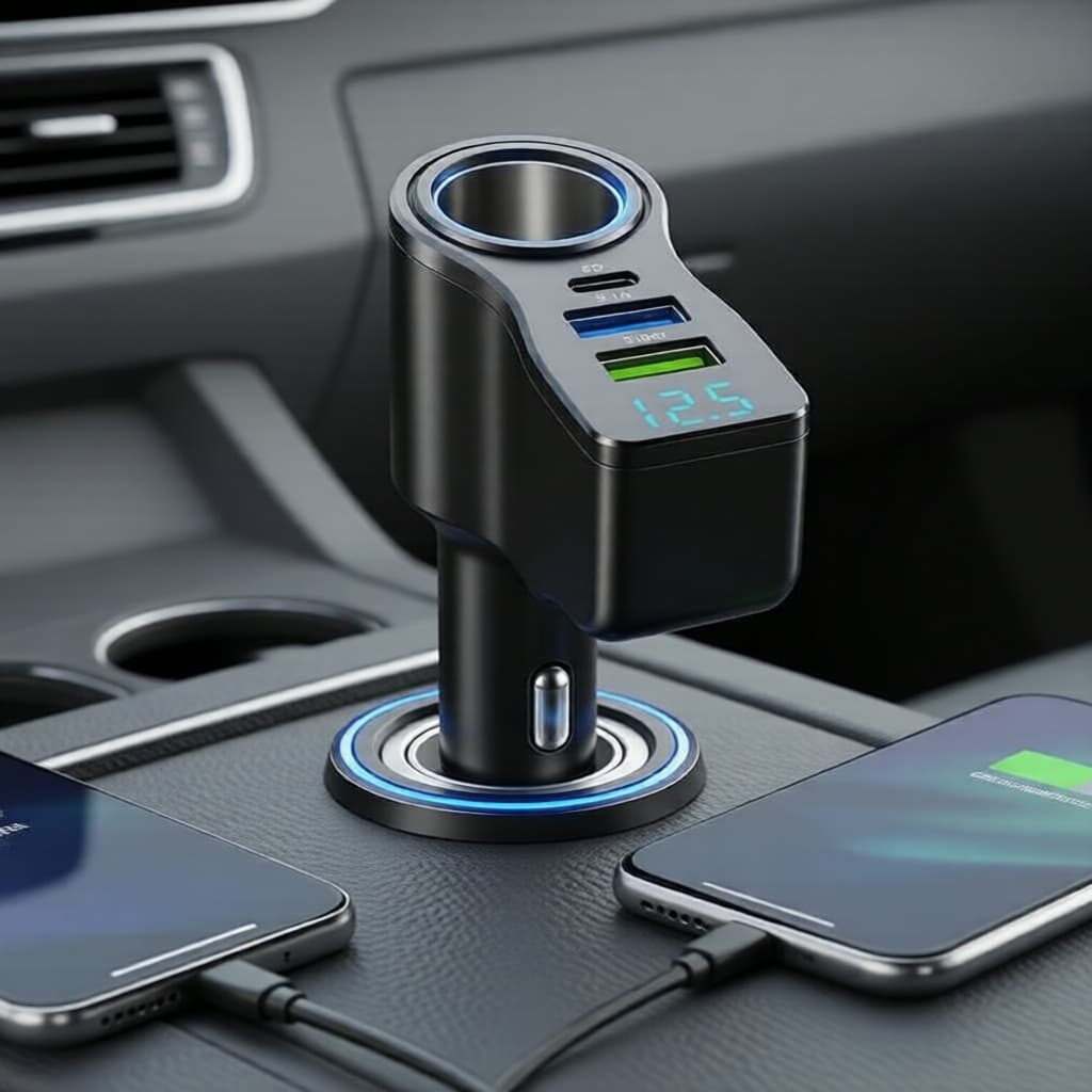 Carregador Veicular com Visor Digital de Tensão, 2 Portas USB, Adaptador Divisor de Energia de Carregamento Rápido