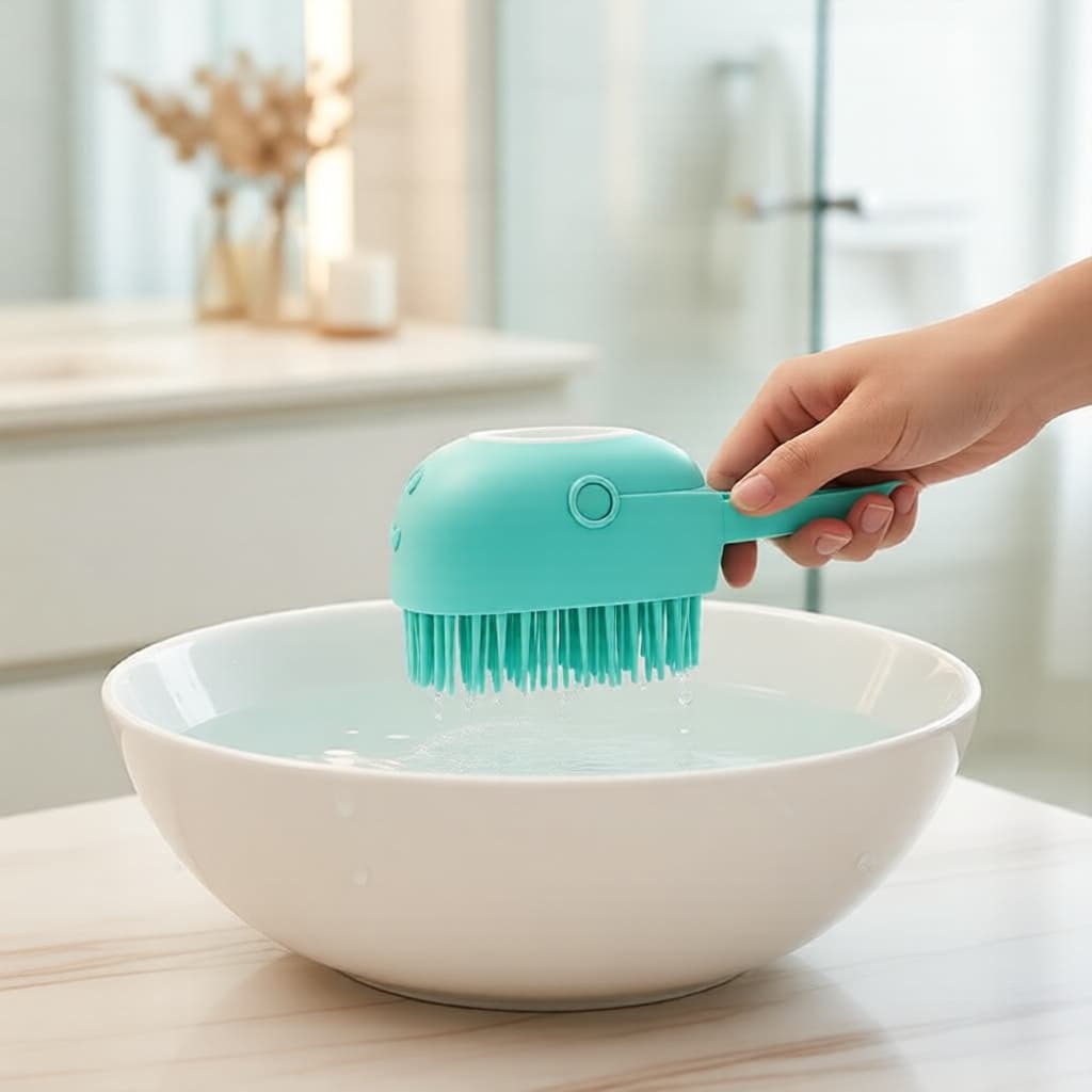 Escova massajadora para cuidados com pelos de animais, com dispensador de shampoo, silicone macio para cães e gatos