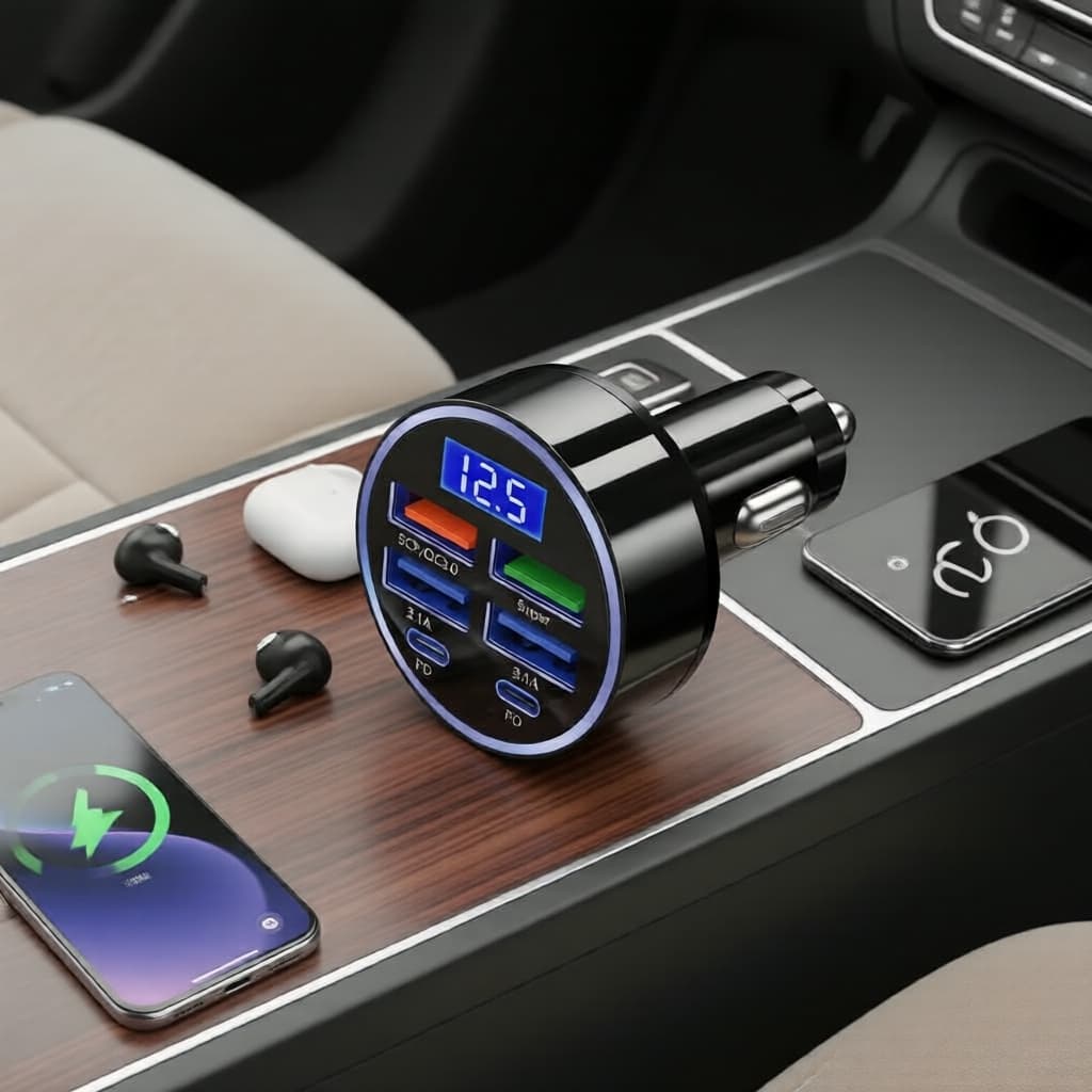 Carregador Veicular USB 6 Portas 100W com PD QC3.0 Tipo-C para Carregamento Rápido de Múltiplos Dispositivos