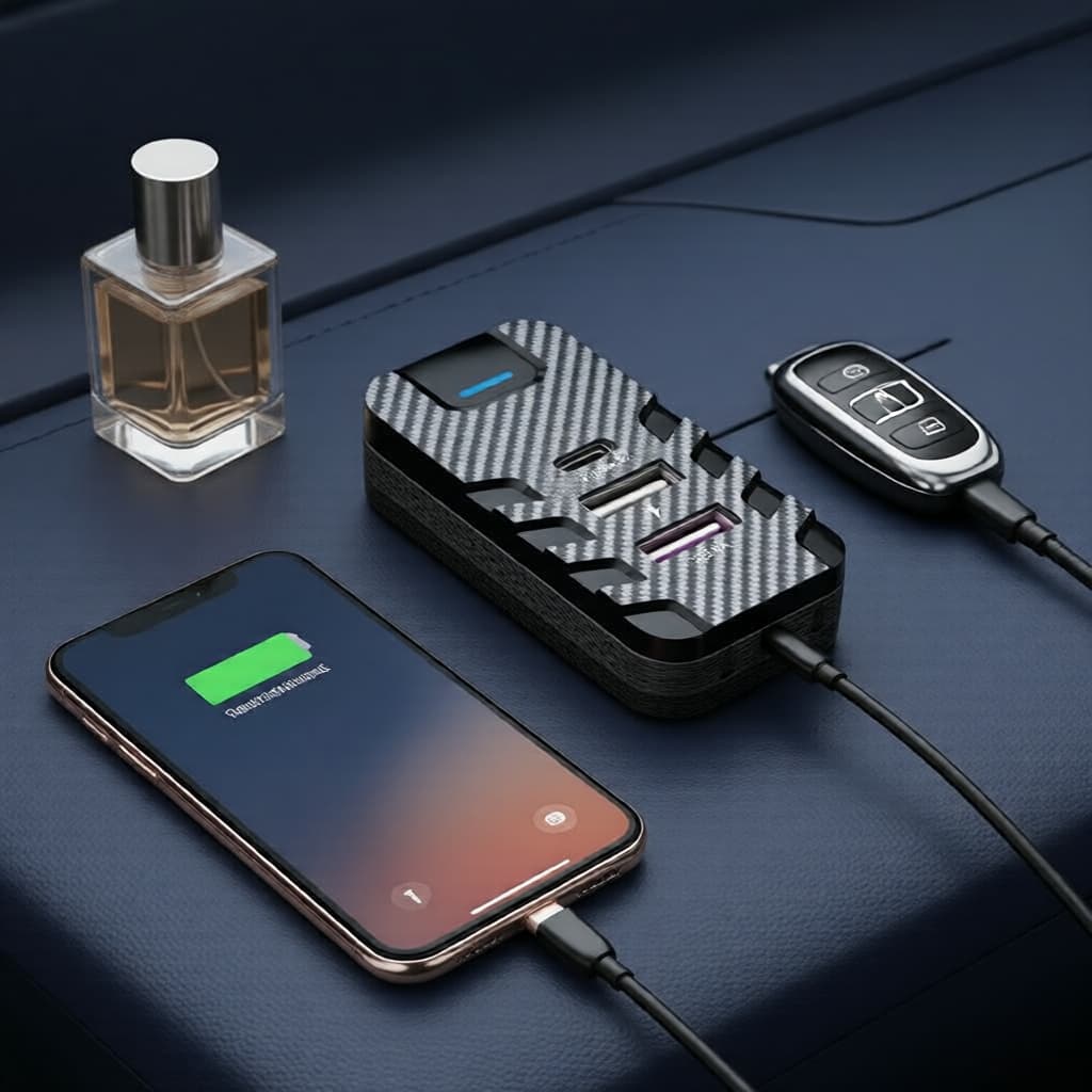 Carregador Veicular Universal com 4 USB-A & 2 USB-C, Carregamento Rápido 12-24V, Zonas Duplas Frontais & Traseiras