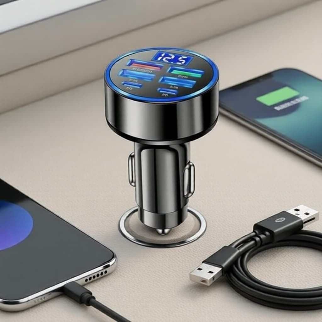 Carregador Veicular Rápido com 5 Portas USB Tipo-C PD QC3.0 para Smartphones e Tablets