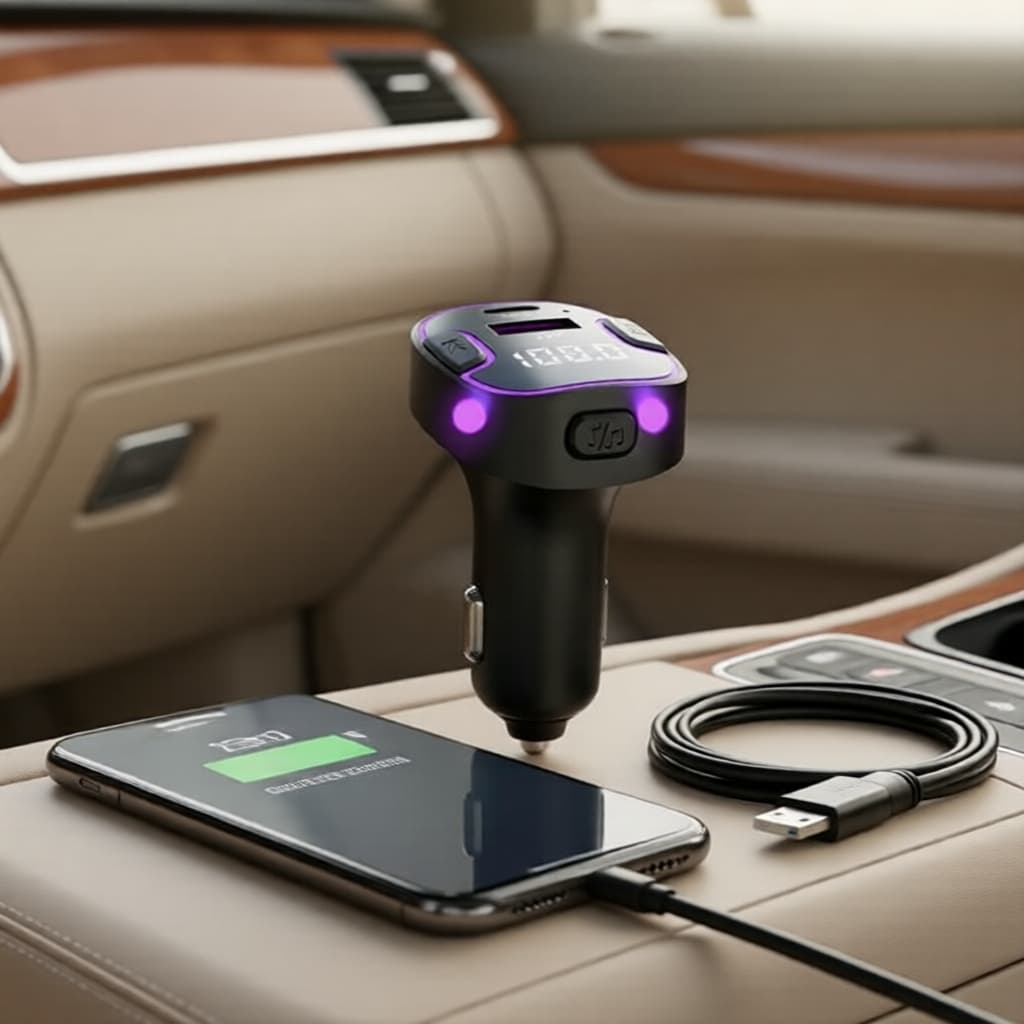 Transmissor FM Bluetooth 5.3 sem fio, carregador veicular USB-C, auxiliar viva-voz e disco U carregamento rápido