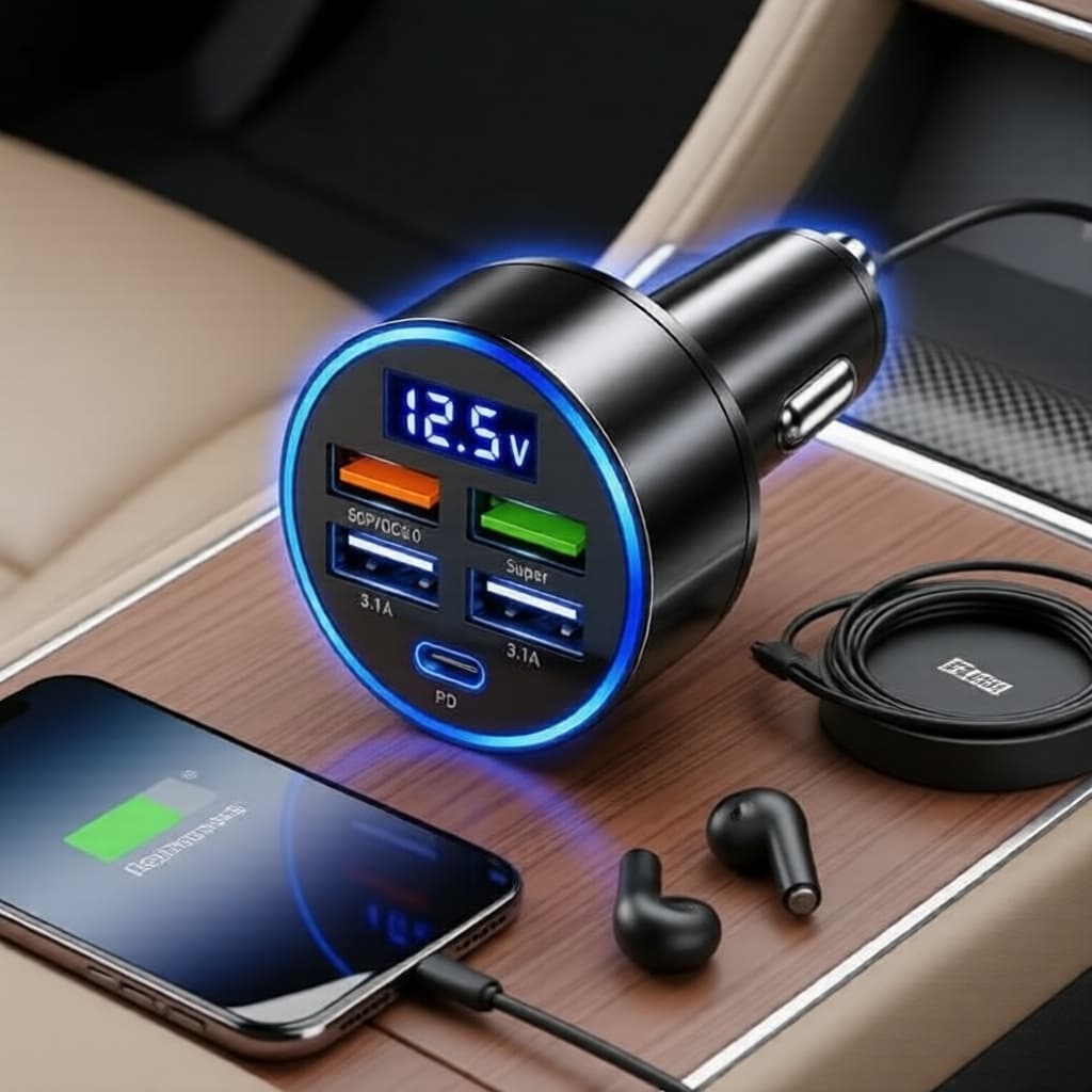 Carregador Veicular Rápido 4 Portas (USB-C PD QC3.0), Display Digital de Tensão, Adaptador de Energia 3,1A para Carregar