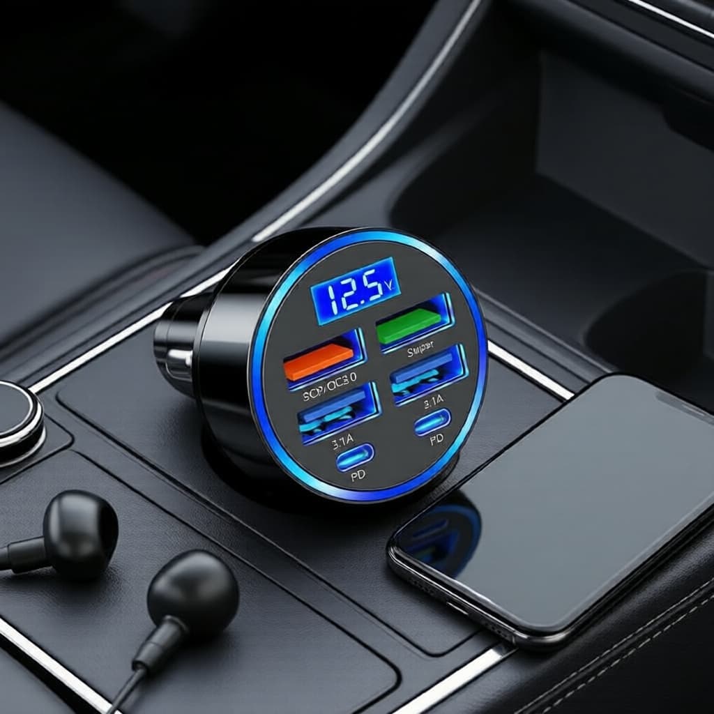 Carregador Veicular USB Rápido PD QC3.0 Divisor Multi-Portas com Display Digital