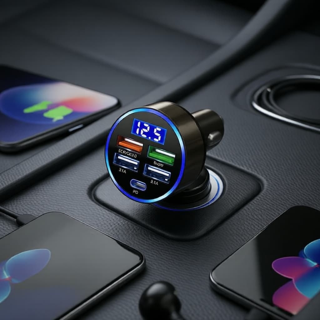 Carregador veicular USB de duas portas QC3.0 PD com carregamento rápido e voltímetro digital para acessórios automotivos