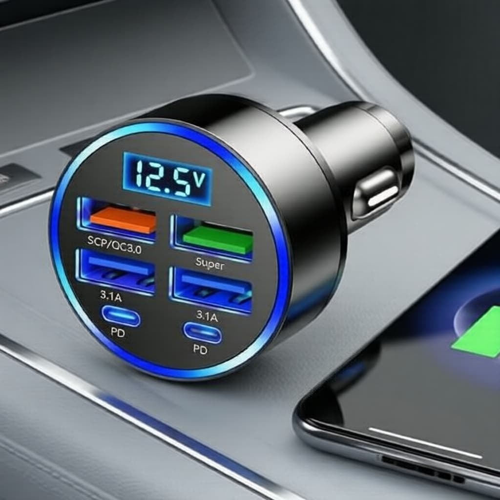 Carregador Veicular 6 Portas com Hub USB QC3.0 PD, Display LED de Tensão, Carregamento Rápido