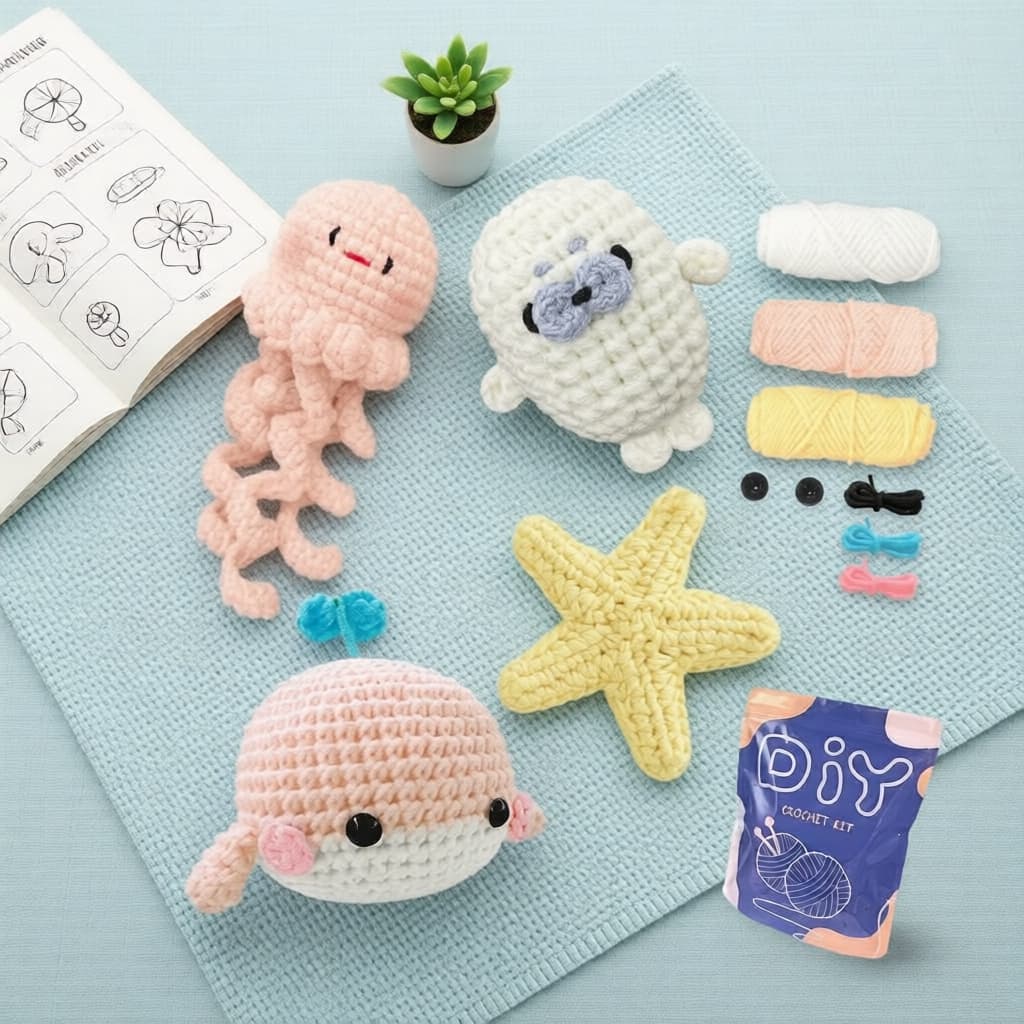 Kit de crochê DIY amigurumi com animais marinhos - Baleia, água-viva, estrela-do-mar e foca
