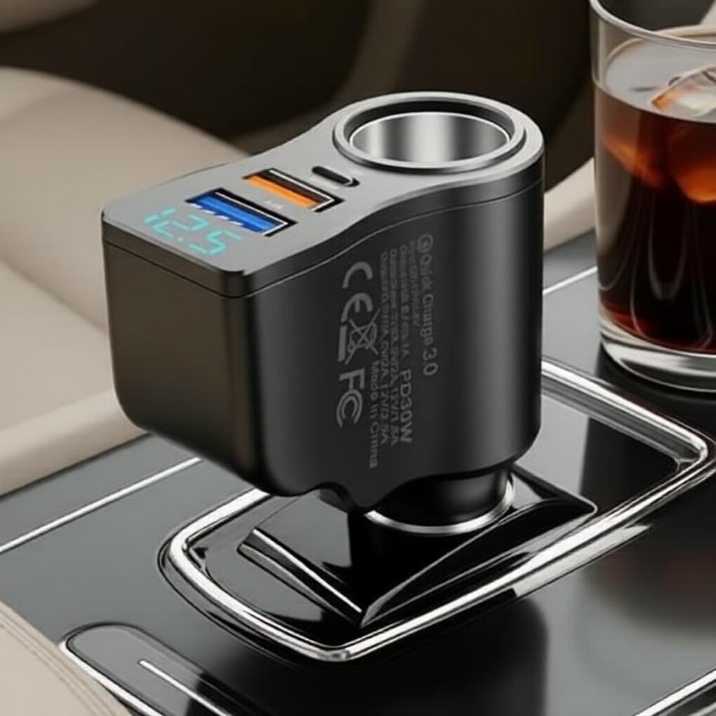 Carregador Veicular 66W Turbo, 4 em 1 USB-C com Voltímetro