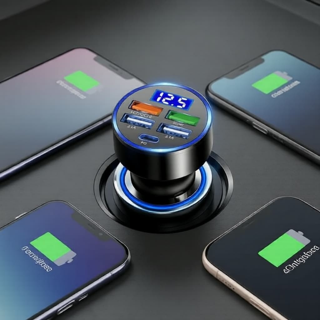 Carregador Veicular 5 em 1: Carregamento Rápido USB-C Duplo com Múltiplas Portas