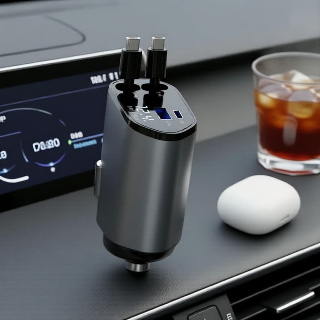 Carregador veicular 120W com cabo USB-C retrátil e voltímetro digital para iPhone/Samsung