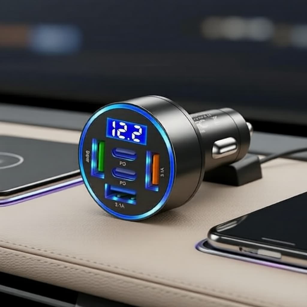 Carregador Veicular 100W USB com PD Tipo-C e QC2.0 para Carregamento Rápido de Smartphones