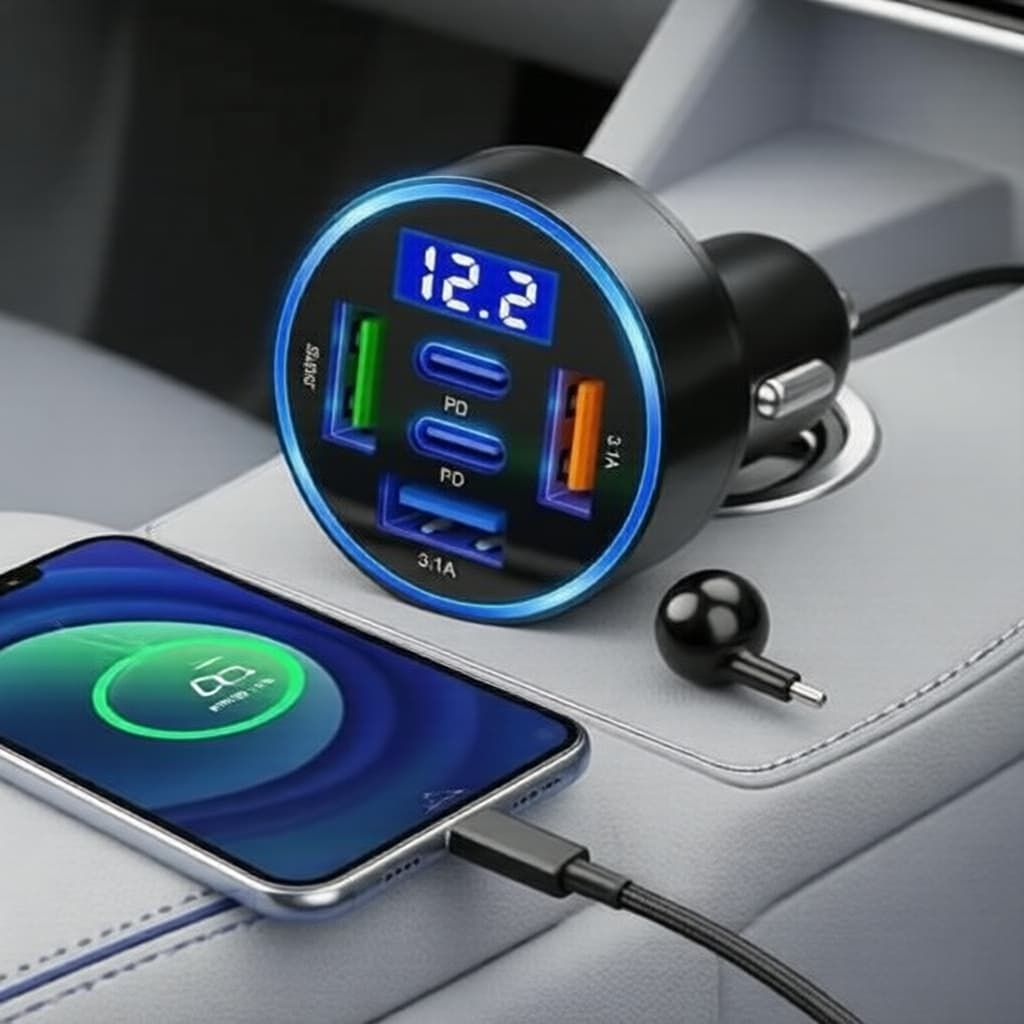 Carregador Veicular Super Rápido 5 em 1 com 4 Portas USB-C e Voltímetro Digital Integrado