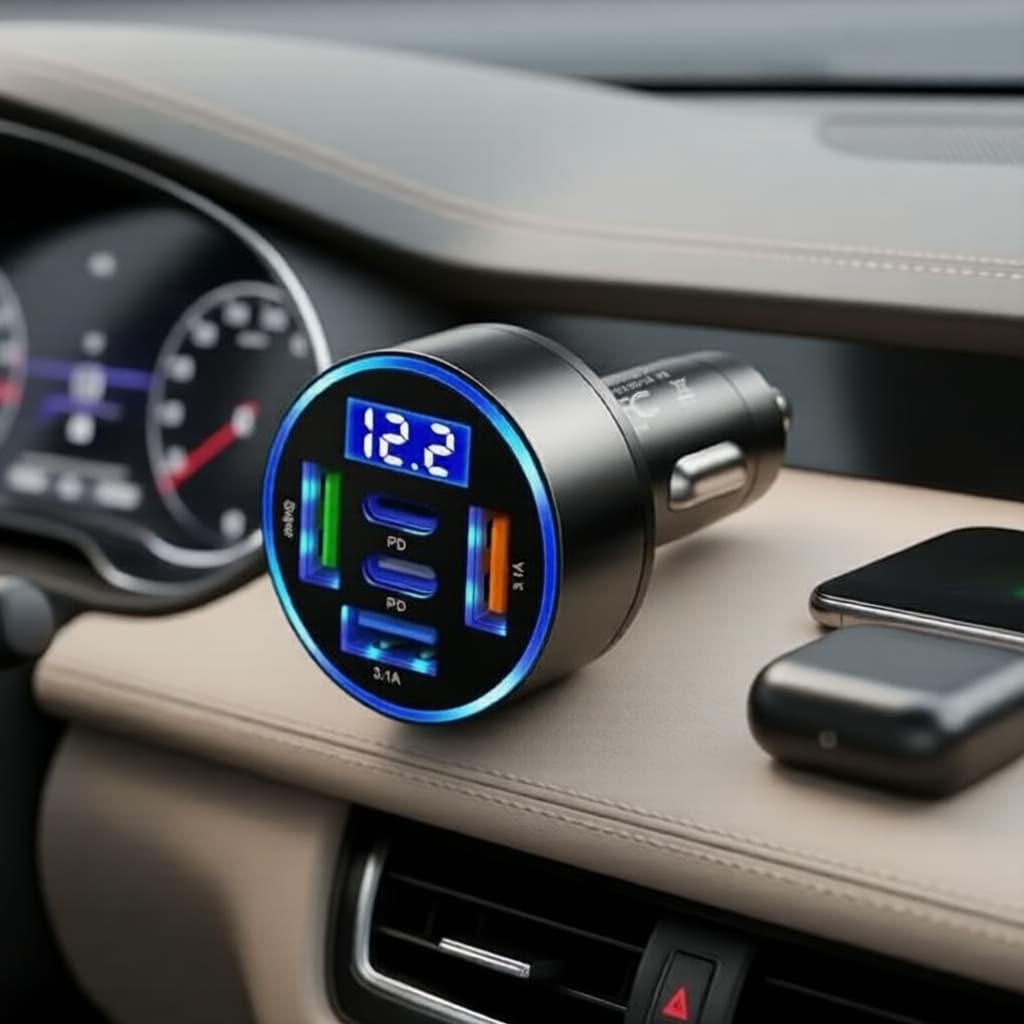 Carregador Veicular 6 em 1 USB 100W, carregamento rápido com voltímetro integrado, adaptador de energia automotiva