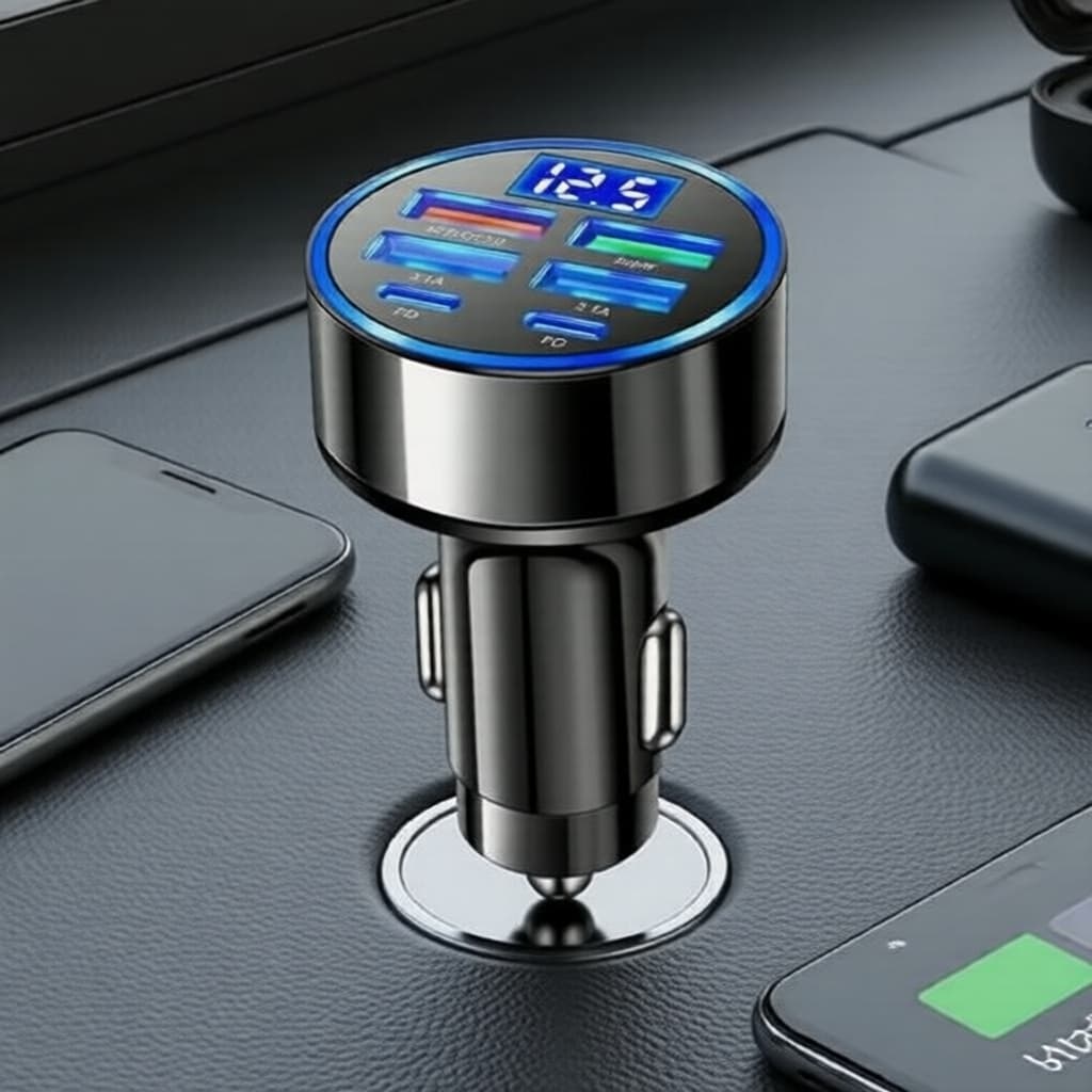 Carregador Veicular USB 5 Portas com Tipo-C PD e QC3.0 para Carregamento Rápido de Telefones