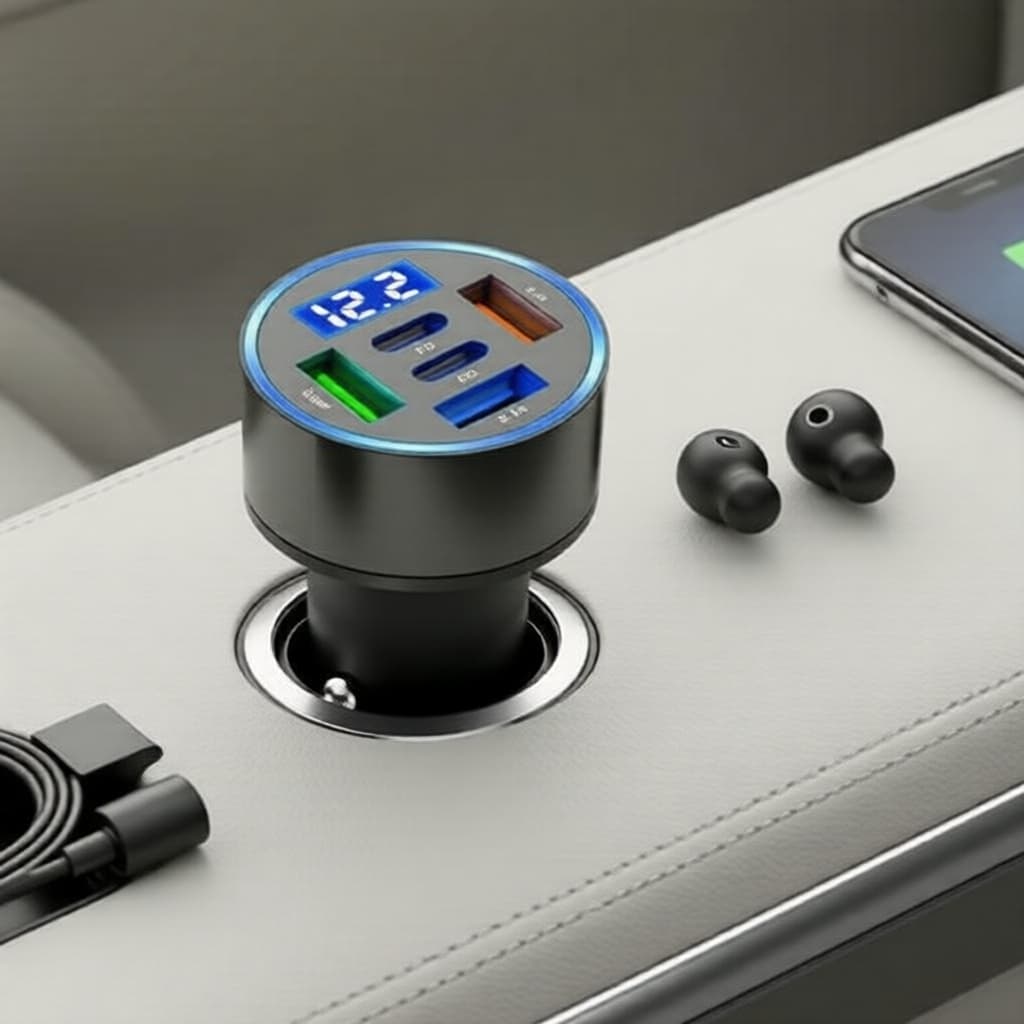 Carregador Veicular 5 Portas: USB-C PD QC3.0 para iPhone, Samsung, Huawei, Xiaomi
